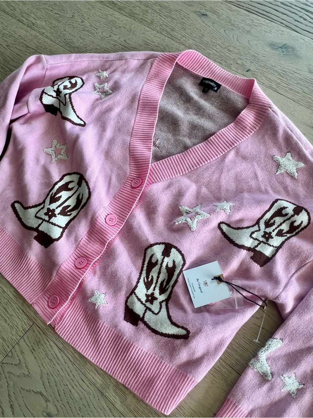 Pink Cowboy Boot Cardigan Sweater